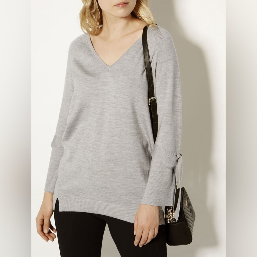 Karen‎ Millen Merino Wool Tie Cuff Tunic Jumper Grey Marl S Oversized Pullover